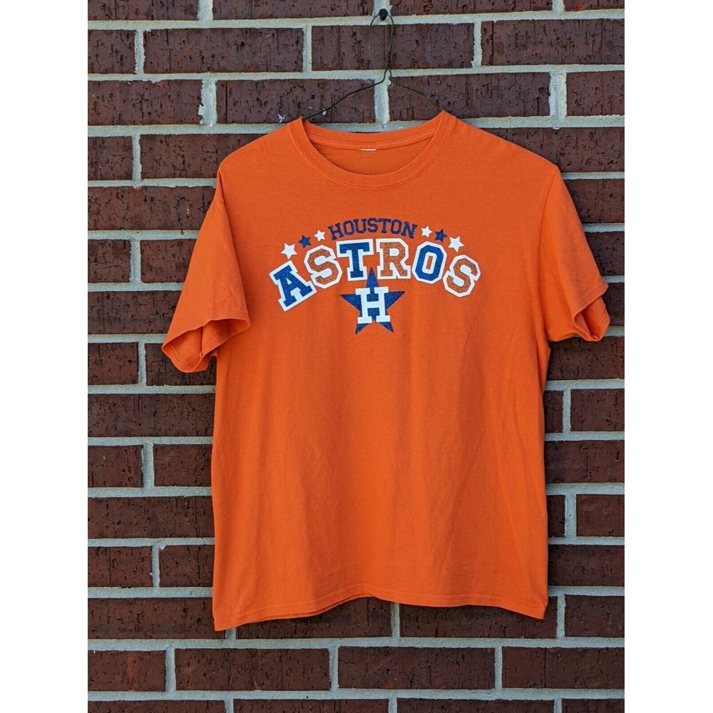 Houston Astros Orange Graphic Spell Out Glitter Metallic T-shirt Size Large